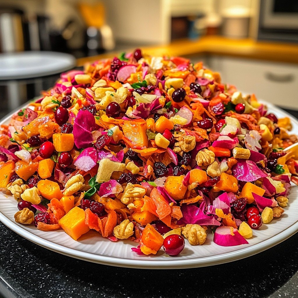 Wintersalat mit Butternutkürbis Rosenkohl Cranberries Pekannüssen und Roter Bete