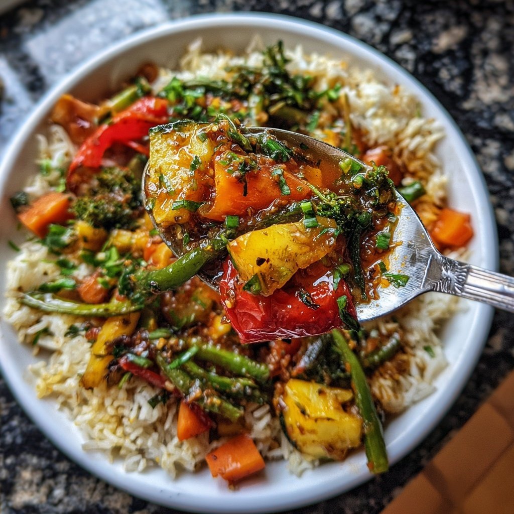 Mittagessen mit Gemüsepfanne und Reis